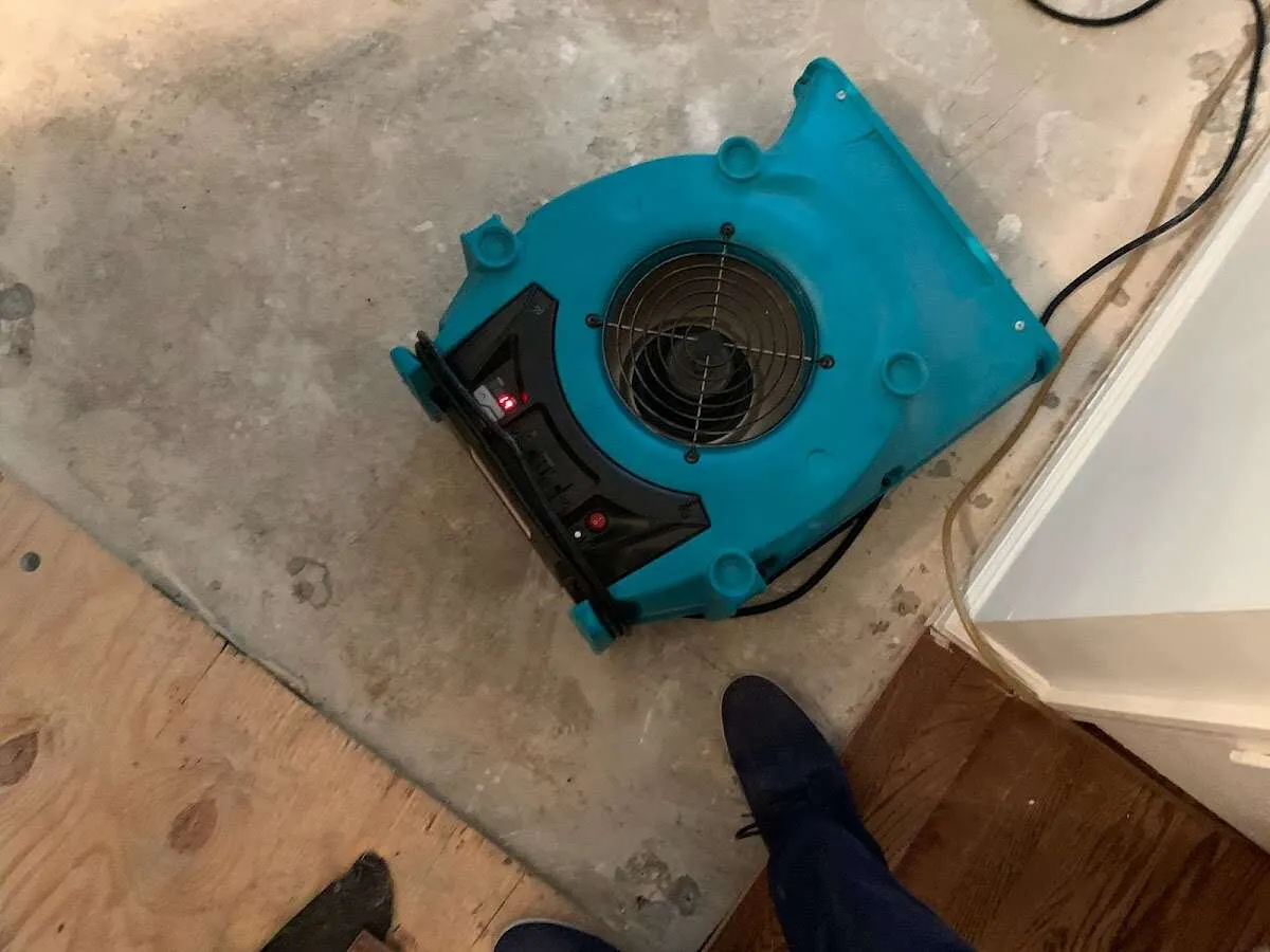Air mover drying subfloor during Leak Detection & Repair in Lower Moreland